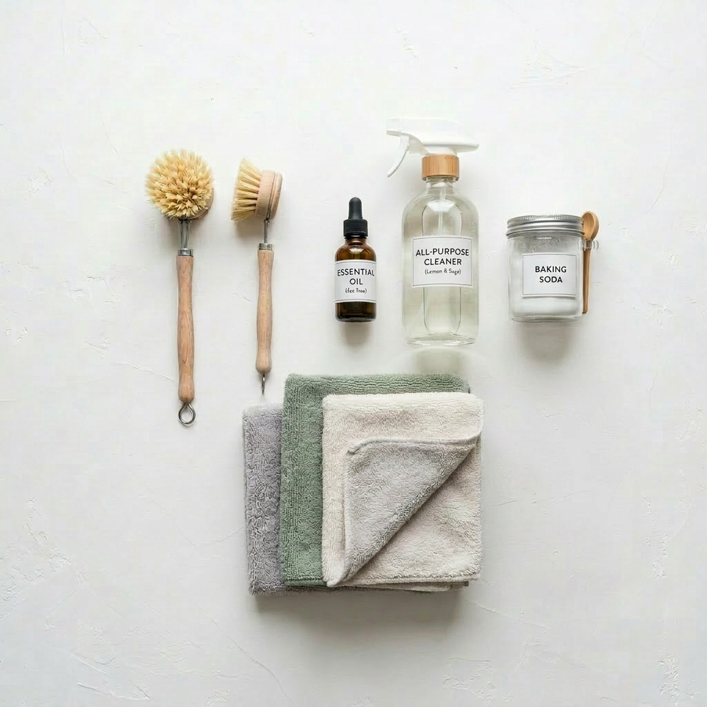Eco-friendly natural cleaning supplies set Eco-cleaning kit with natural brushes, essential oil, all-purpose cleaner, baking soda, handmade soap, sponge, cloths, and twine on wooden surface